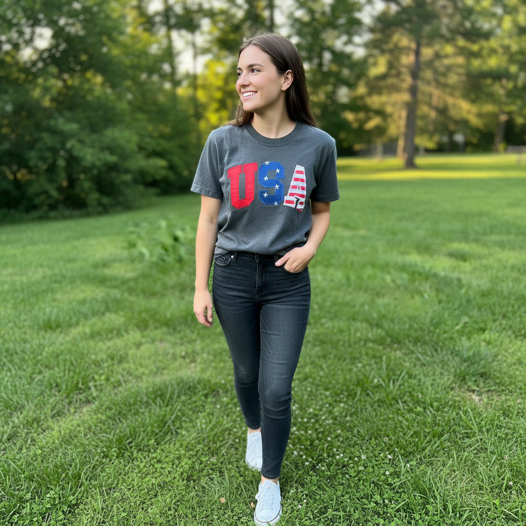 Patriotic USA Red White and Blue Raw Edge Applique Embroidered Shirt