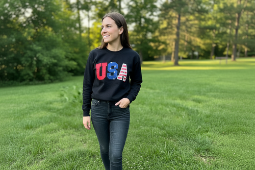 Patriotic USA Red White and Blue Applique Embroidered Shirt