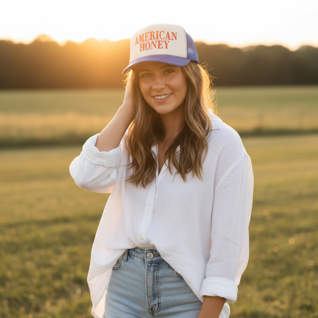 American Honey Embroidered Adjustable Five-Panel Twill Hat