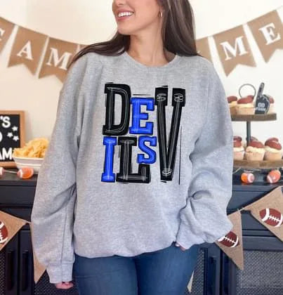 Devils Royal Blue and Black Sporty Varsity Doodle DTF Transfer - Merch Girls