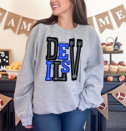 Devils Royal Blue and Black Sporty Varsity Doodle DTF Transfer