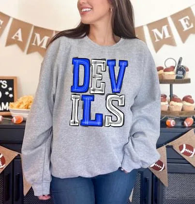 Devils Royal Blue and White Sporty Varsity Doodle DTF Transfer - Merch Girls