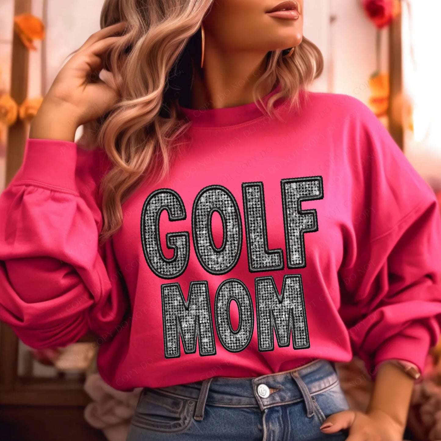 Golf Mom Faux Embroidery Diamonds Bling DTF  Transfer