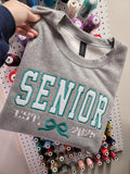 Custom Senior Established Year Coquette Bow Varsity Glitter Applique Embroidered Shirt - Merch Girls