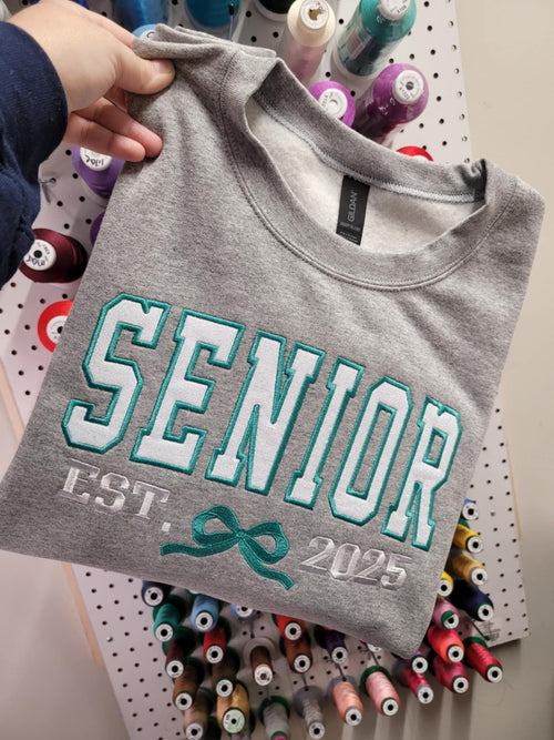 Custom Senior Established Year Coquette Bow Varsity Glitter Applique Embroidered Shirt - Merch Girls