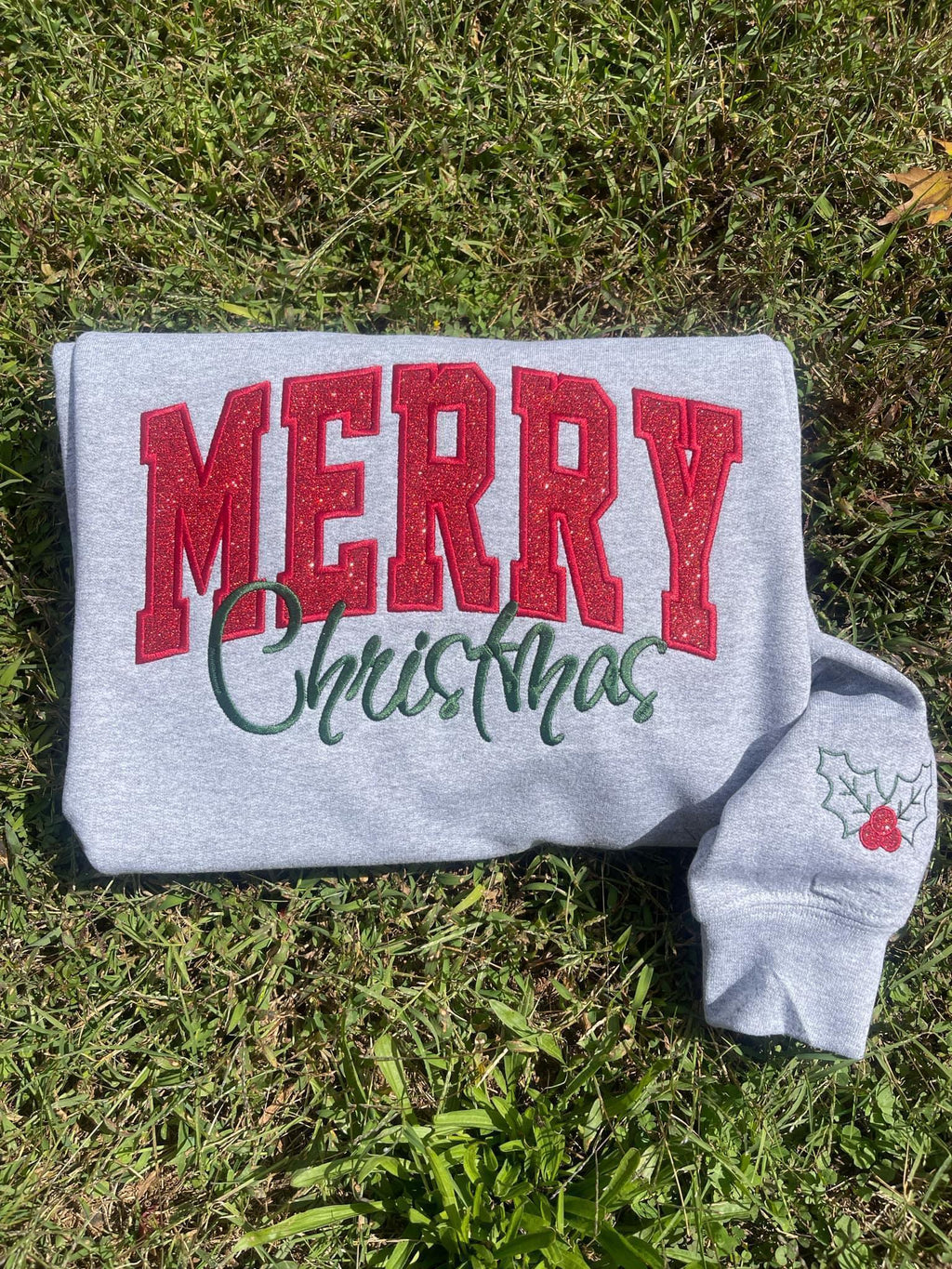 Merry Christmas Glitter Applique w/ Icon and Optional Side Bows Embroidered Sweatshirt - Merch Girls
