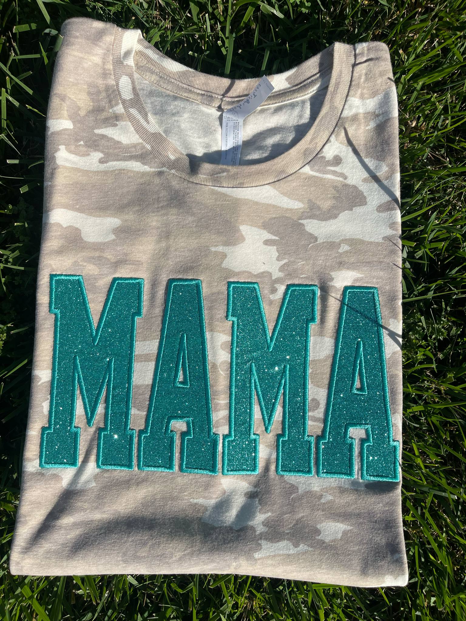 Natural or Vintage Camo Custom Mama or Mascot Glitter Applique Embroidered Shirt