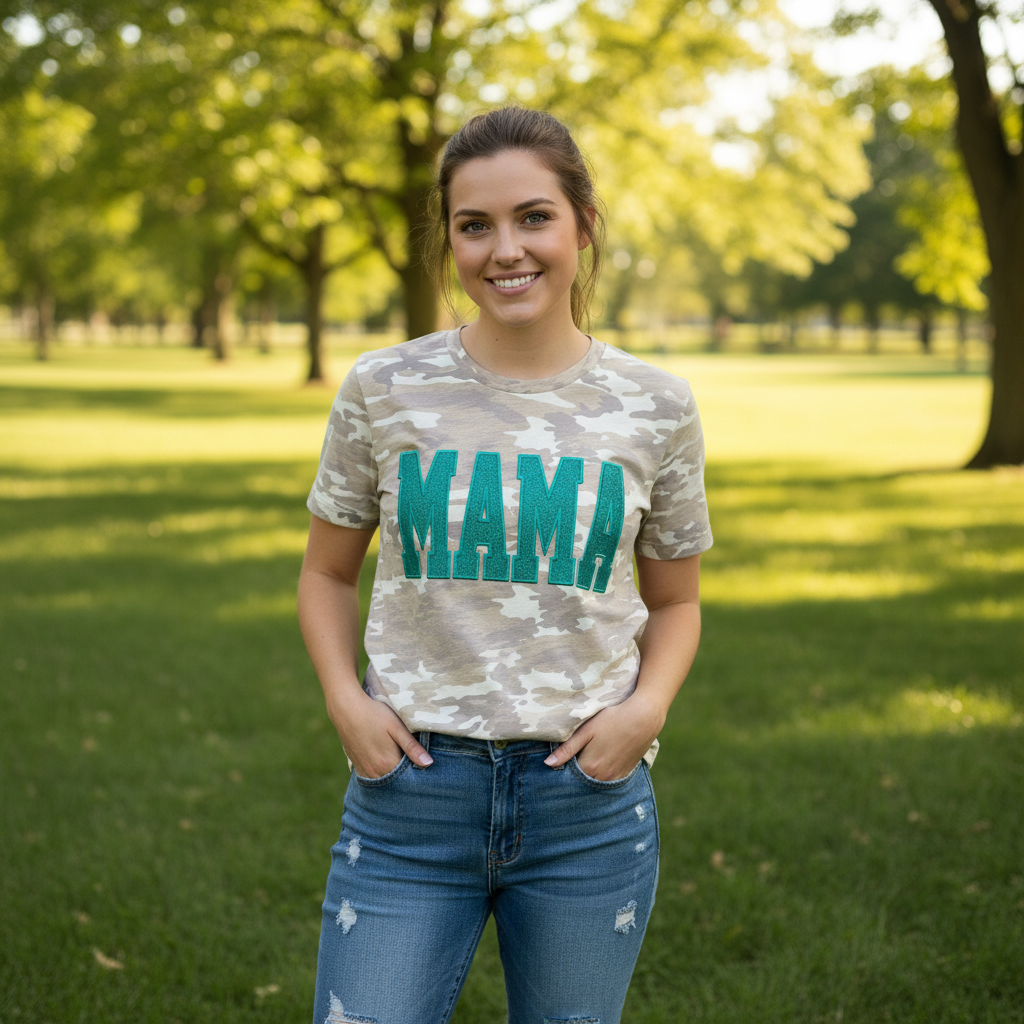 Vintage Camo Mama Glitter Applique Embroidered Shirt