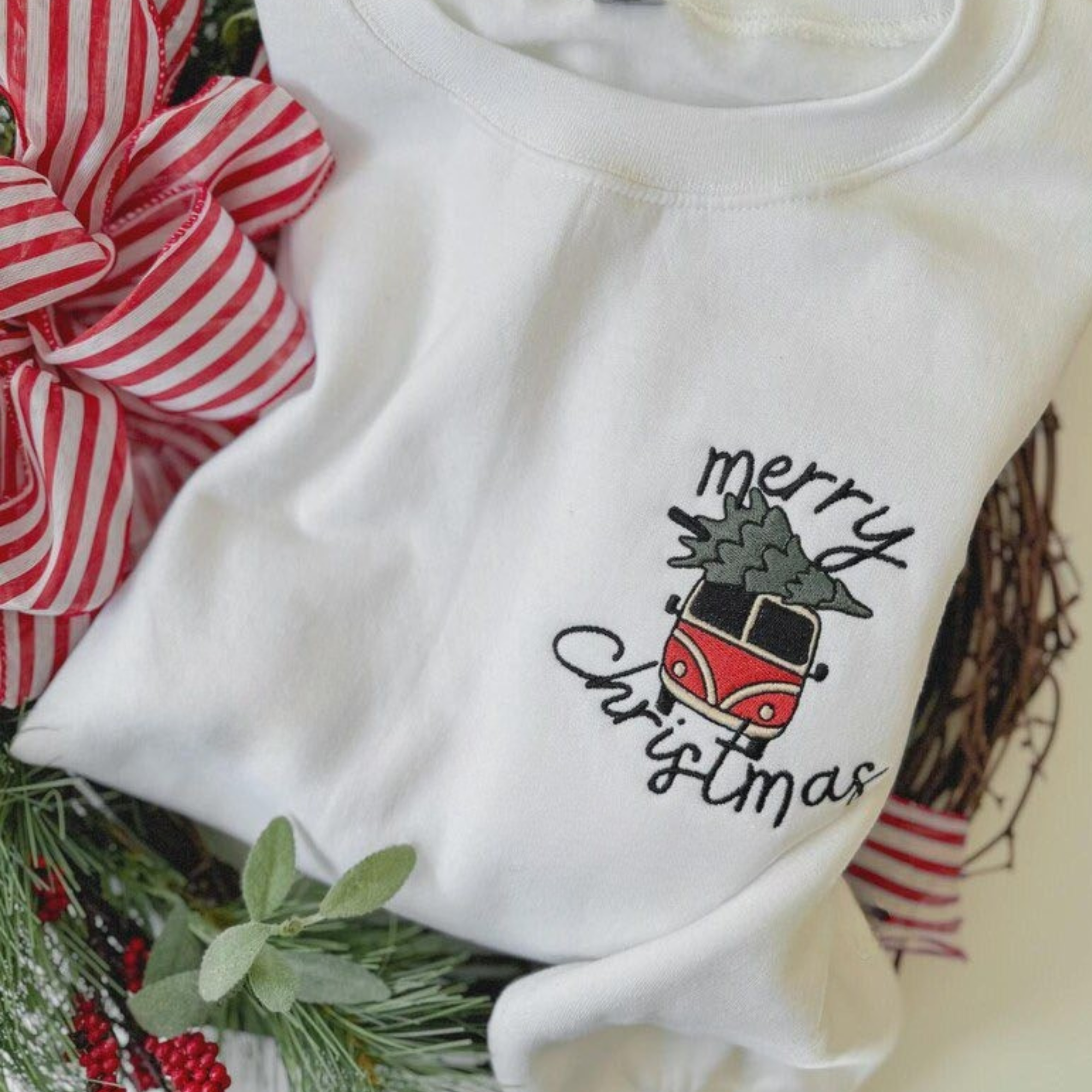 Merry Christmas Vintage Van  Embroidered Sweatshirt