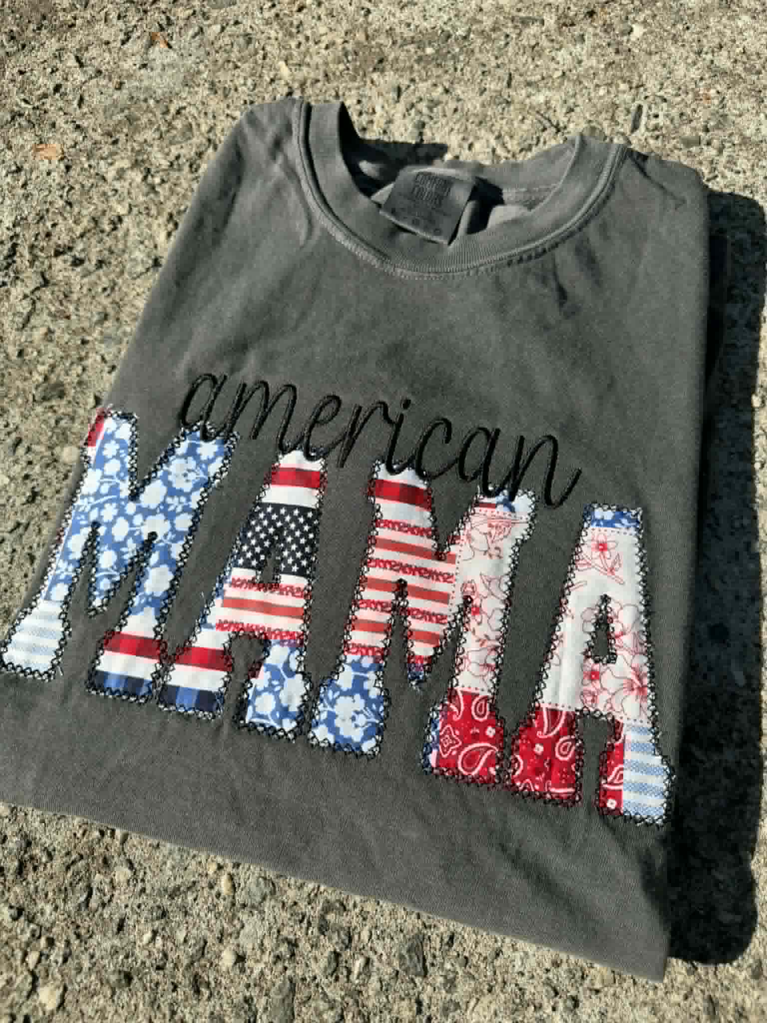 American Mama Custom Patriotic Embroidered Name Shirt with Patchwork Applique Letters