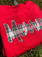 Merry Plaid Fabric Applique with Optional Side Bows Christmas Holiday Embroidered Sweatshirt - Merch Girls