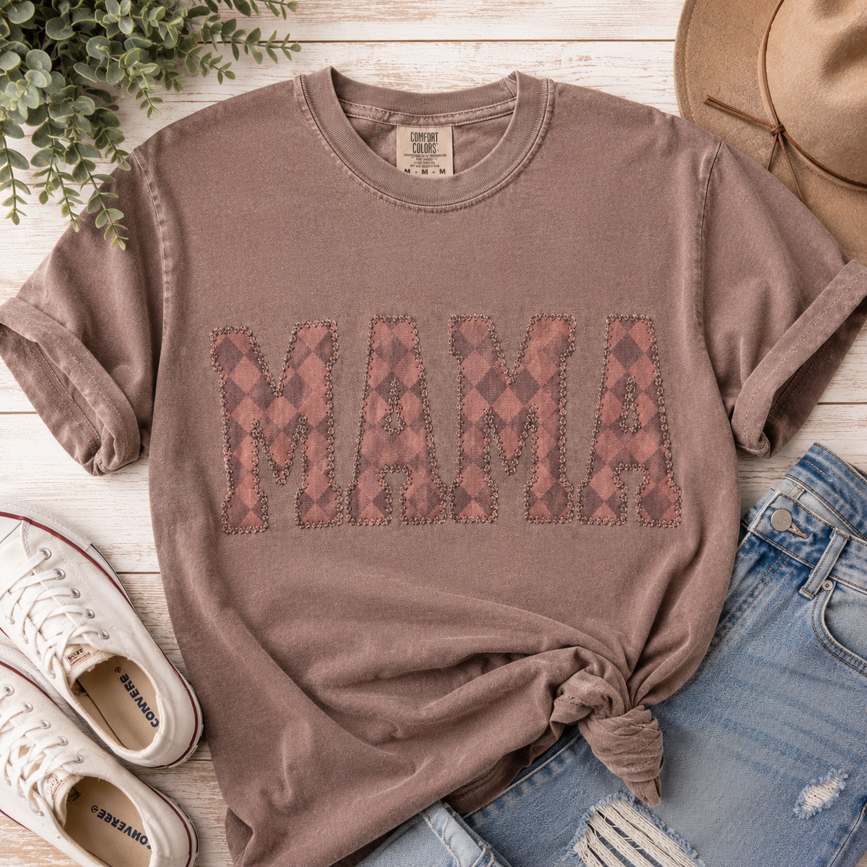 Mama Brown Diamond Embroidered Shirt | Custom Diamond Edge Appliqué Name Shirt