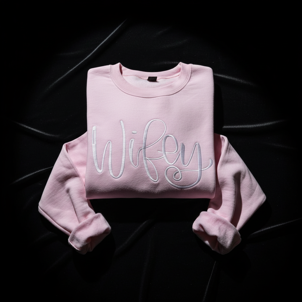 Pink sweatshirt with 'Wifey' text on a black background