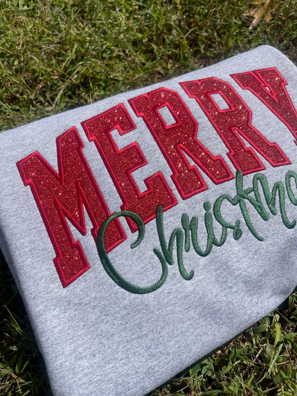 Merry Christmas Glitter Applique w/ Icon and Optional Side Bows Embroidered Sweatshirt - Merch Girls