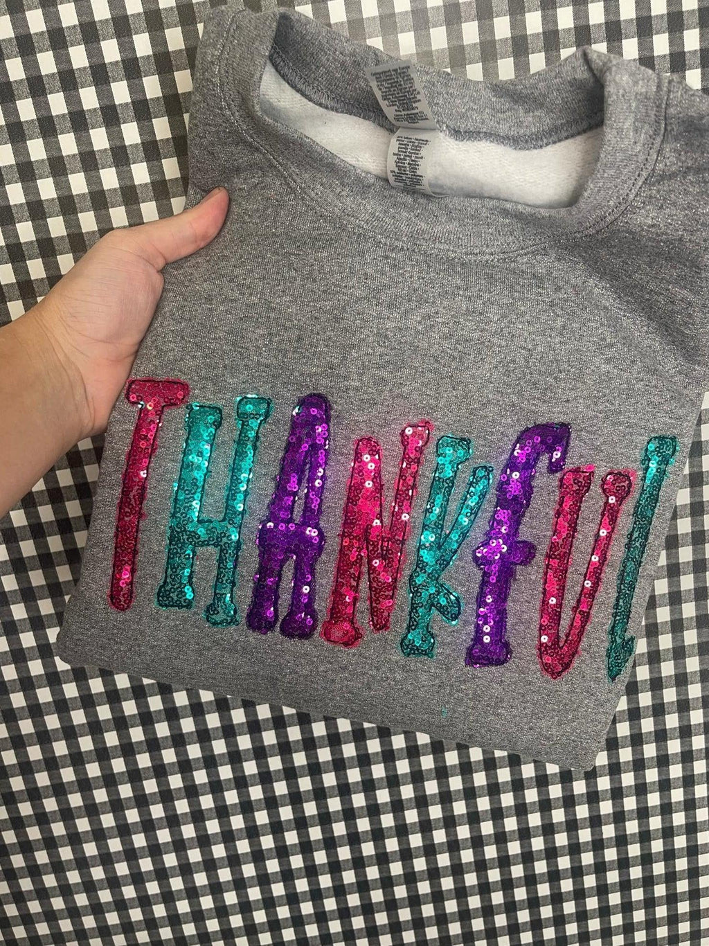 Thankful Colorful Sequin Applique Embroidered Shirt - Merch Girls