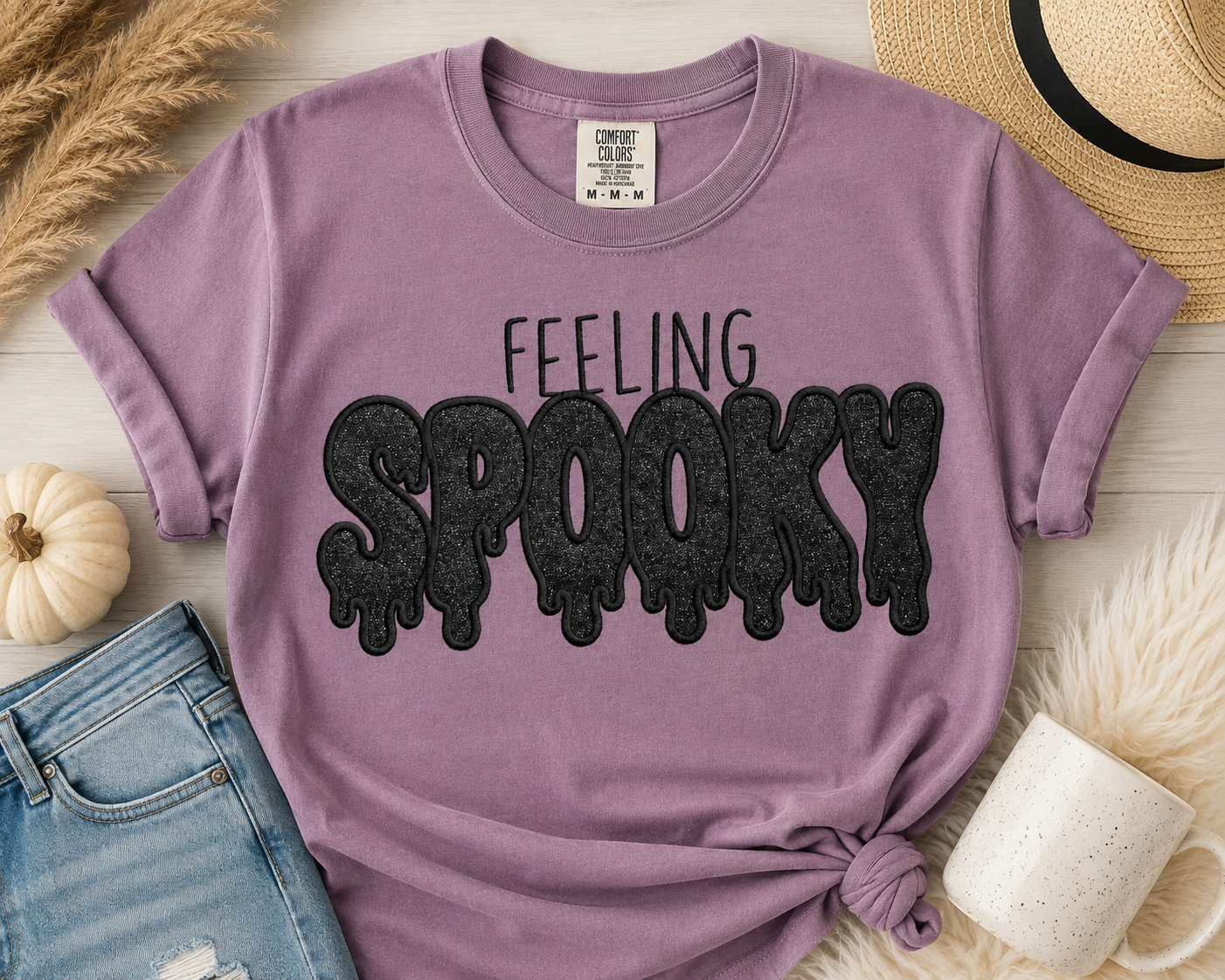 Spooky Season & Feeling Spooky Embroidered Halloween Shirt | Glitter Appliqué Tee & Sweatshirt
