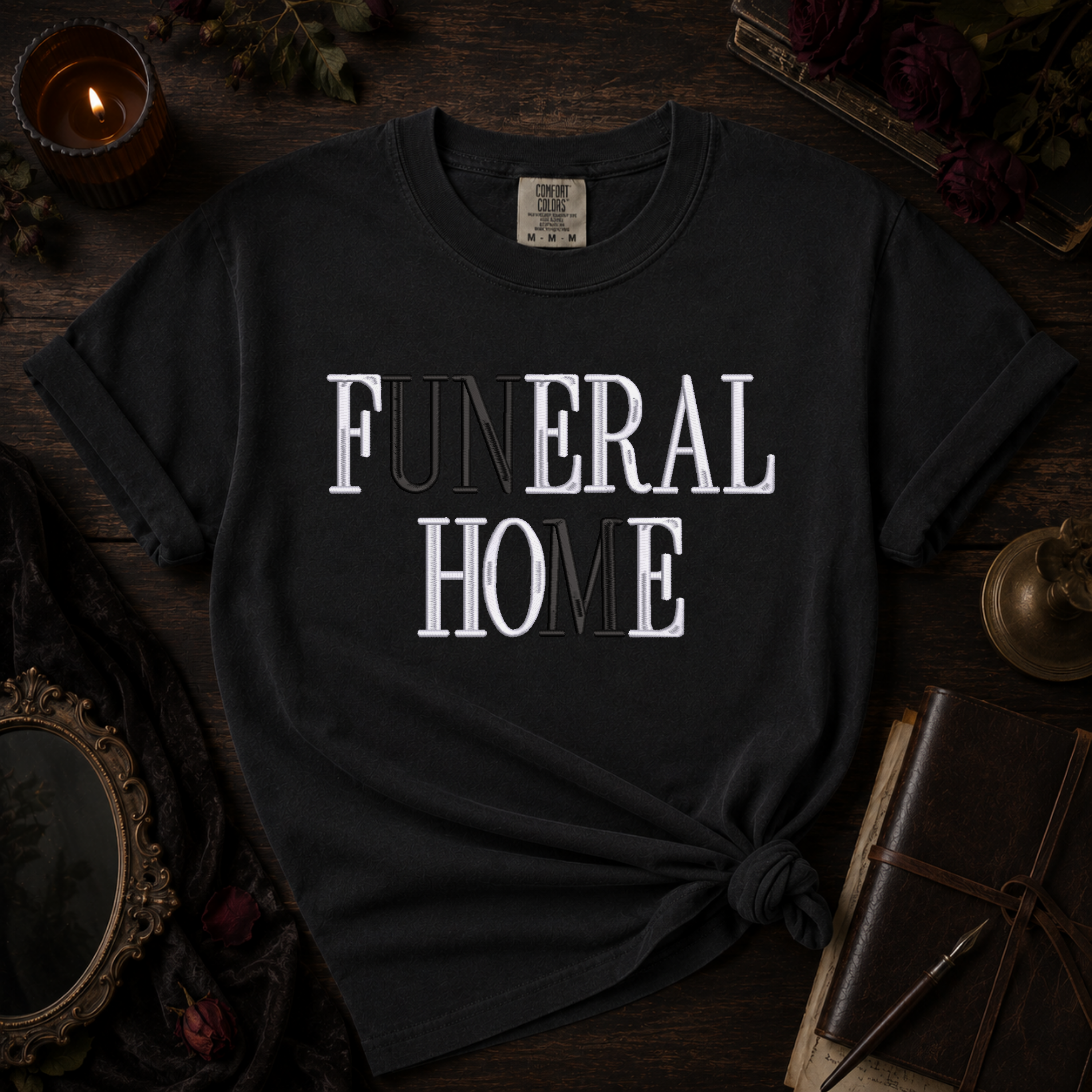 Booked for the Afterlife | Feral Hoe Embroidered Dark Bookish Shirt