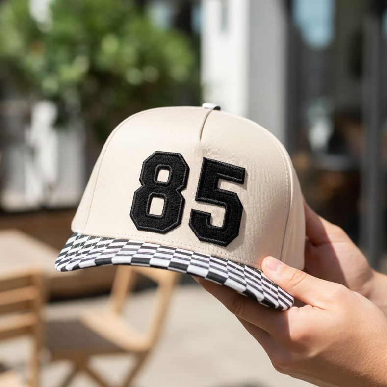 Custom Collegiate Letter Glitter HTV or Fabric Applique Embroidered Adjustable Checkered Bill Snapback Baseball Hat