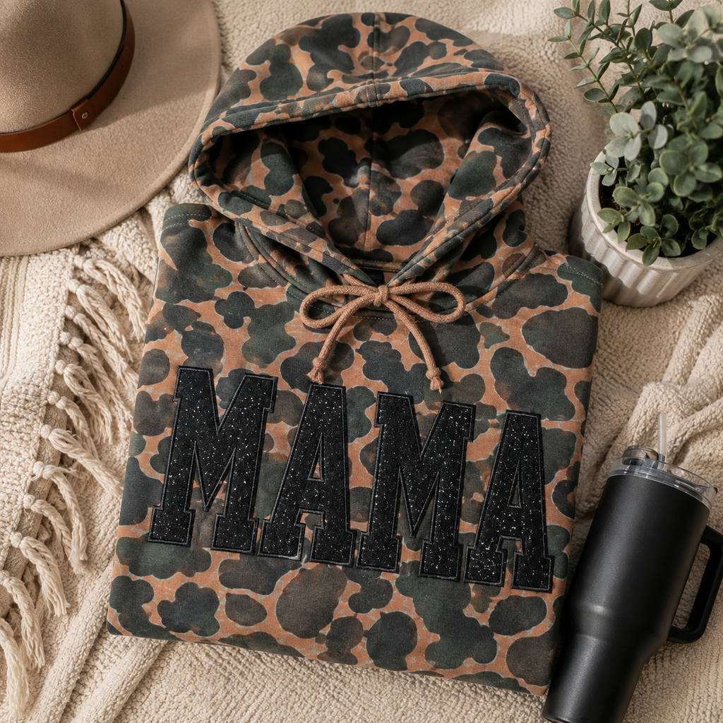 Duck, Duck, Glitter | Custom Camo Varsity Text Glitter Appliqué Hoodie