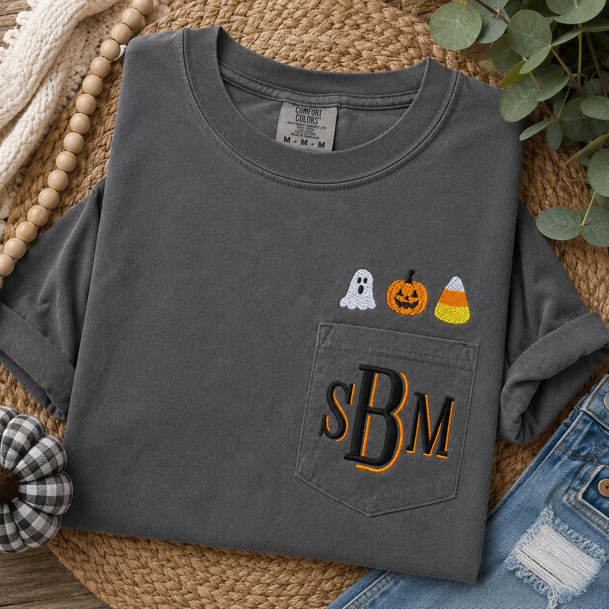 Personalized Halloween Icons Embroidered Shirt | Ghost, Pumpkin & Candy Corn Monogram | Toddler, Youth & Adult