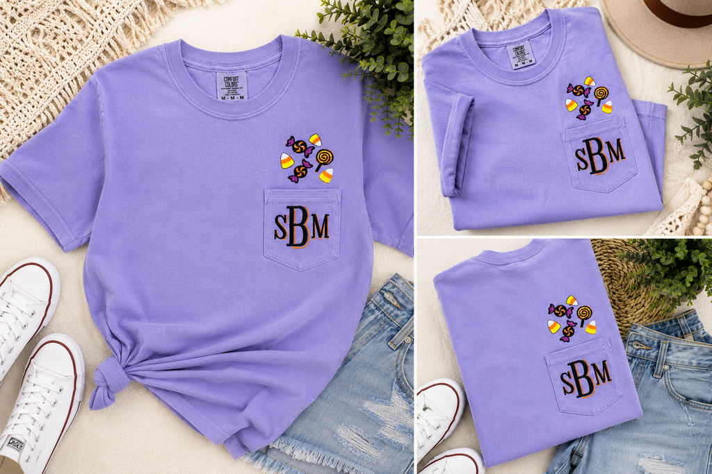 A lavender purple short-sleeve pocket T-shirt shown in a three-panel collage, styled with denim shorts, white sneakers, and a straw hat. The shirt features a chest pocket with embroidered black letters 'sBM' and a small multicolor floral graphic above it.