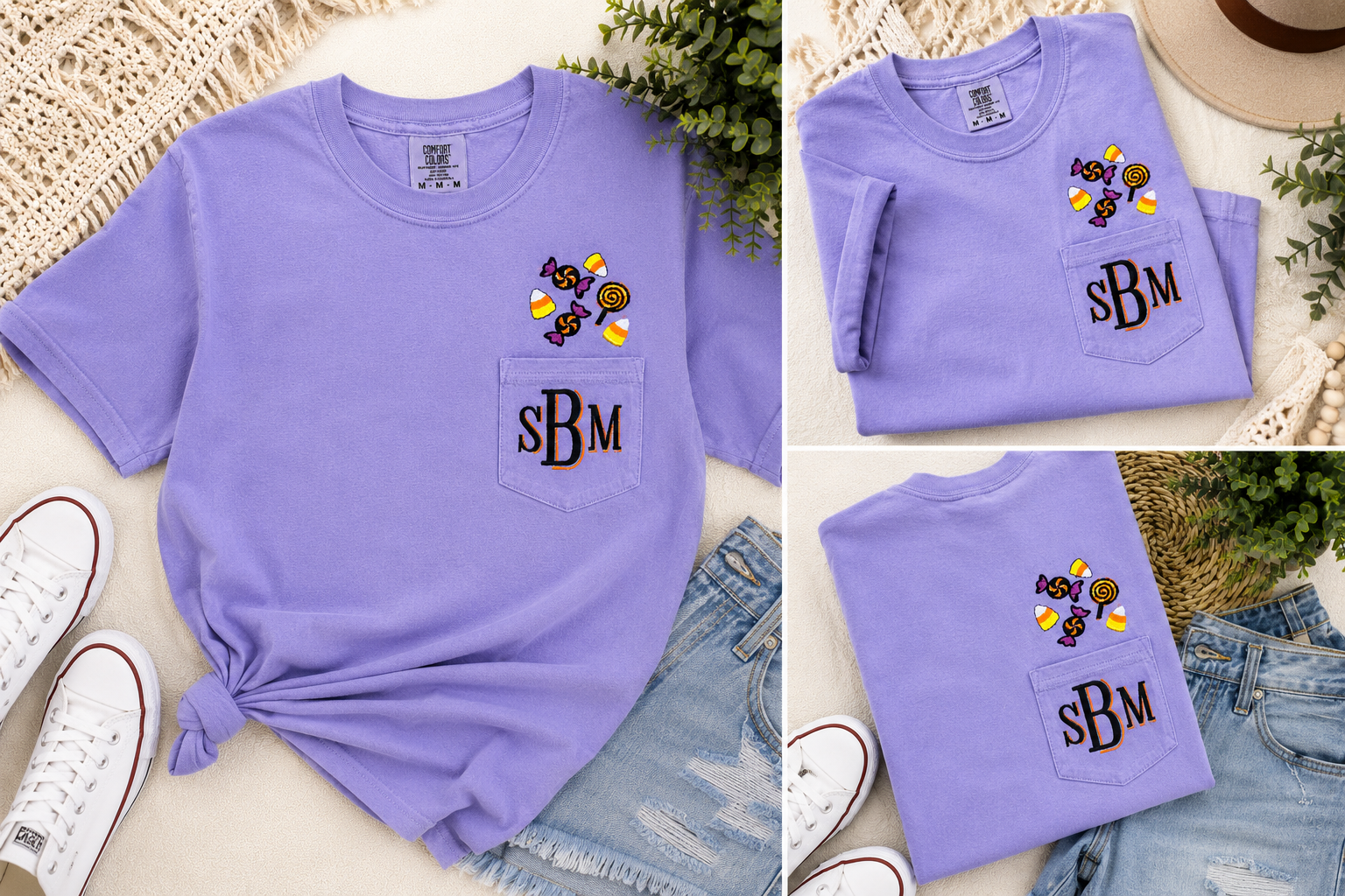A lavender purple short-sleeve pocket T-shirt shown in a three-panel collage, styled with denim shorts, white sneakers, and a straw hat. The shirt features a chest pocket with embroidered black letters 'sBM' and a small multicolor floral graphic above it.