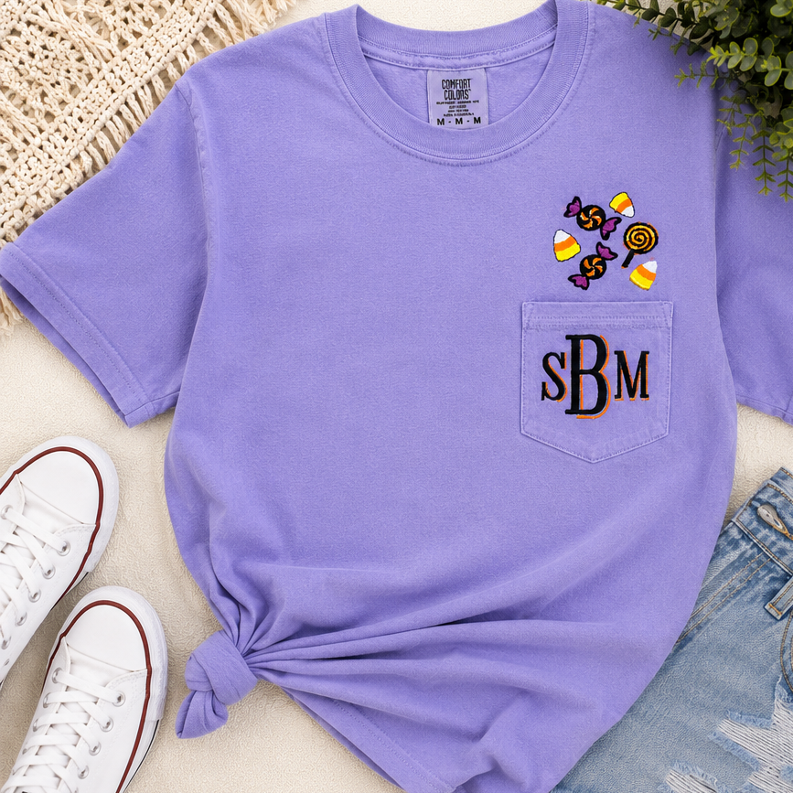 Personalized Halloween Candy Pocket Tee | Embroidered Candy Corn & Trick-or-Treat Pocket Shirt | Adult S–3X