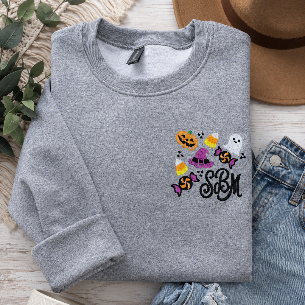 Halloween Monogram Embroidered Sweatshirt | Personalized Pumpkin, Ghost & Candy Corn Embroidery | Custom Initials | Toddler, Youth & Adult Sizes 2T–4X