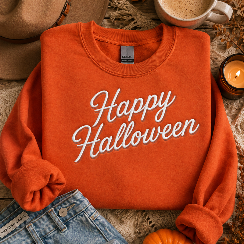 An orange crewneck sweatshirt with 'Happy Halloween' printed in white script across the front, styled in a flat lay with a brown hat, a cup of coffee, a small pumpkin, denim shorts, and a candle on a rustic wood surface.