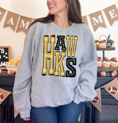 Hawks Gold and Black Sporty Varsity Doodle DTF Transfer