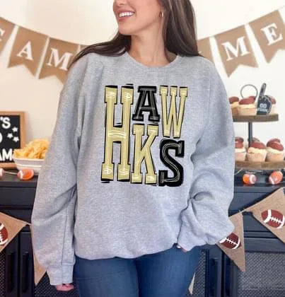Hawks Old Gold and Black Sporty Varsity Doodle DTF Transfer - Merch Girls