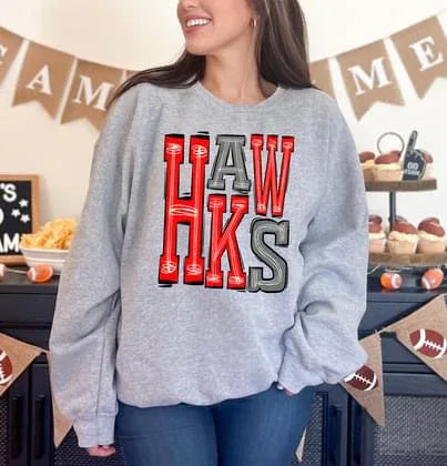 Hawks Red and Grey Sporty Varsity Doodle DTF Transfer - Merch Girls