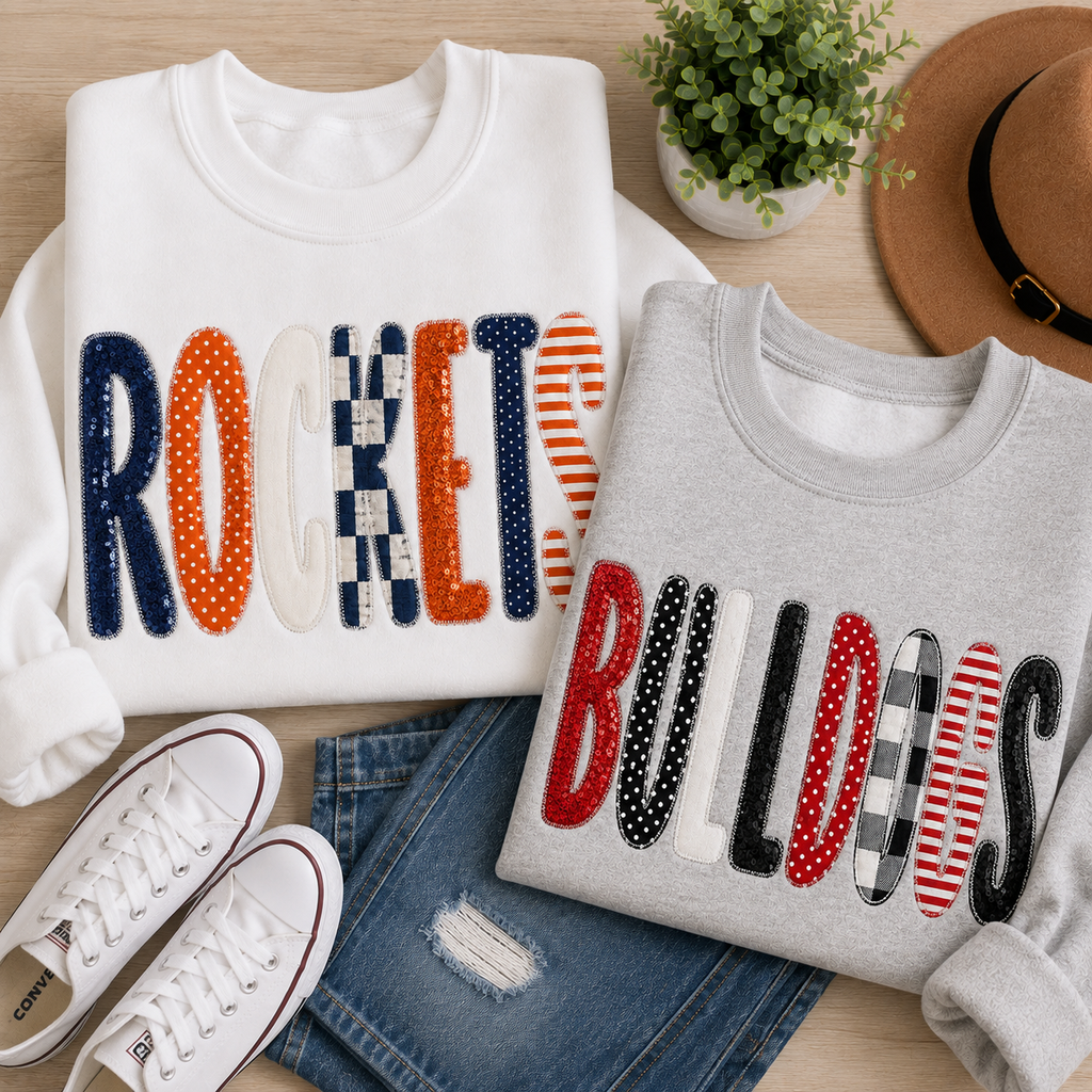Patchwork Pep Custom Mascot Embroidered Appliqué Shirt | Personalized School Spirit Sweatshirt