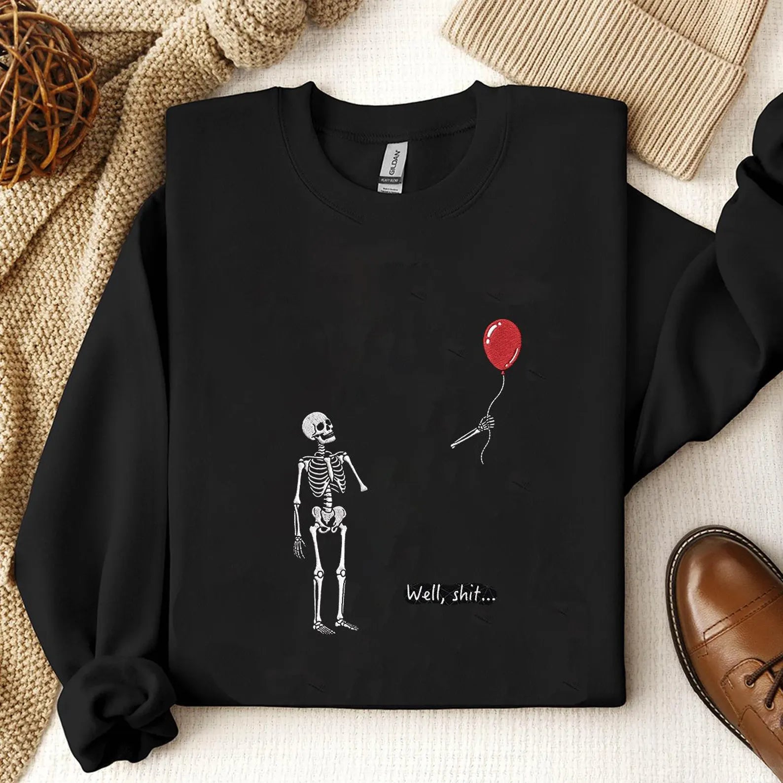 Well, Shit | Skeleton Balloon Embroidered Shirt