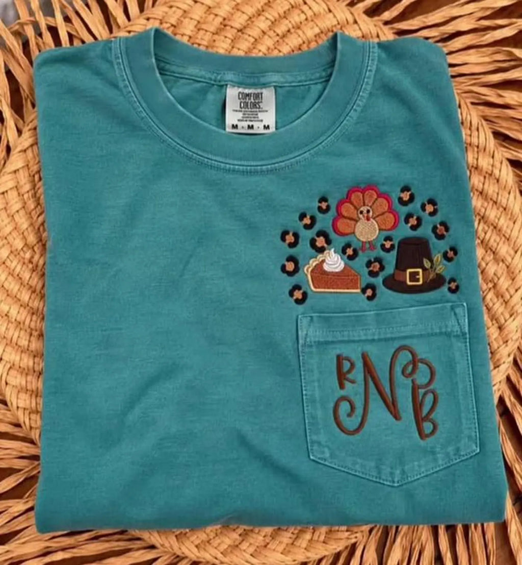 Gobble & Gather | Embroidered Thanksgiving Monogram Pocket Tee