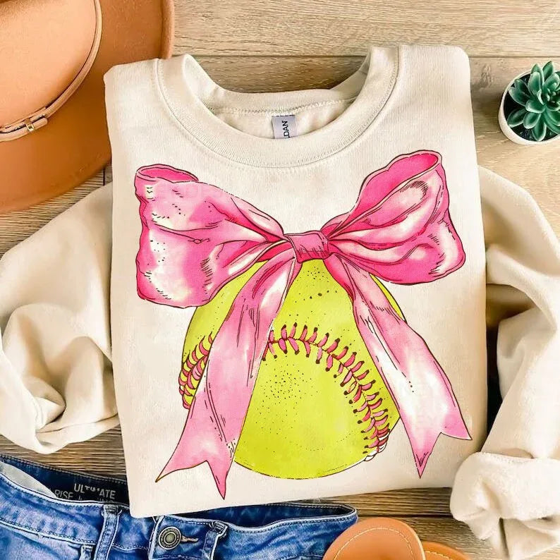 Softball with bow DTF Transfer - Merch Girls