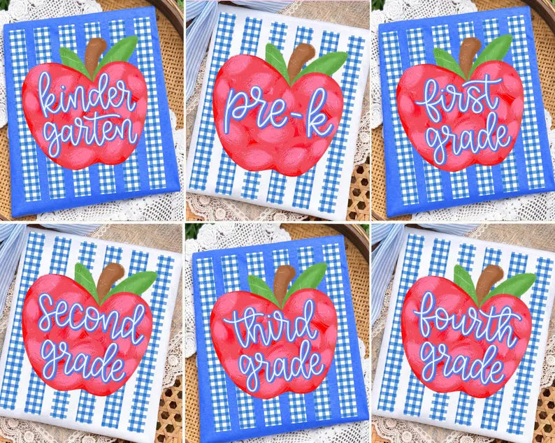Blue Gingham Stipe Apple Grade Level  DTF Transfer