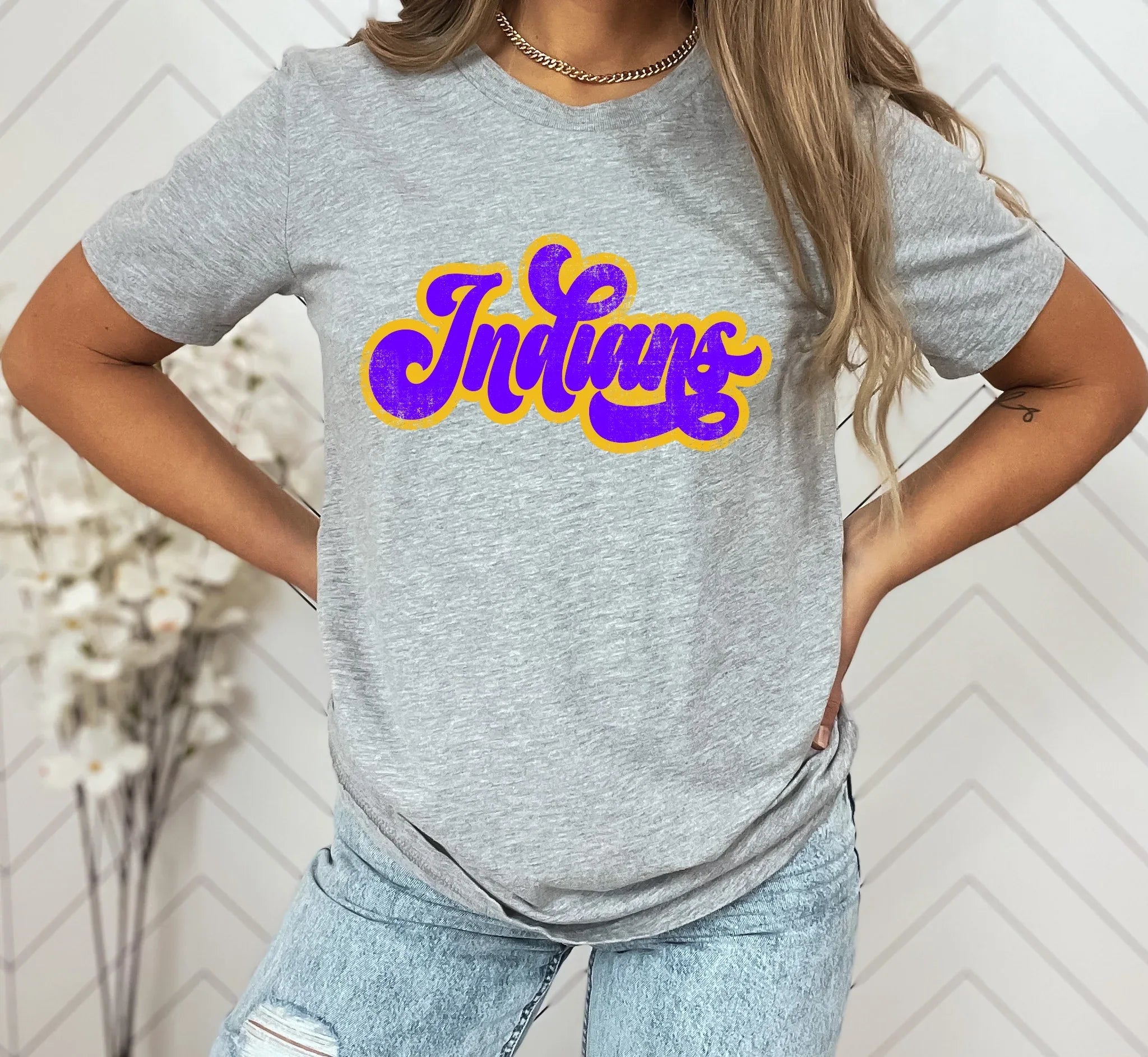 Indians Yellow Gold Purple Vintage Retro Shadow Distressed DTF Transfer - Merch Girls