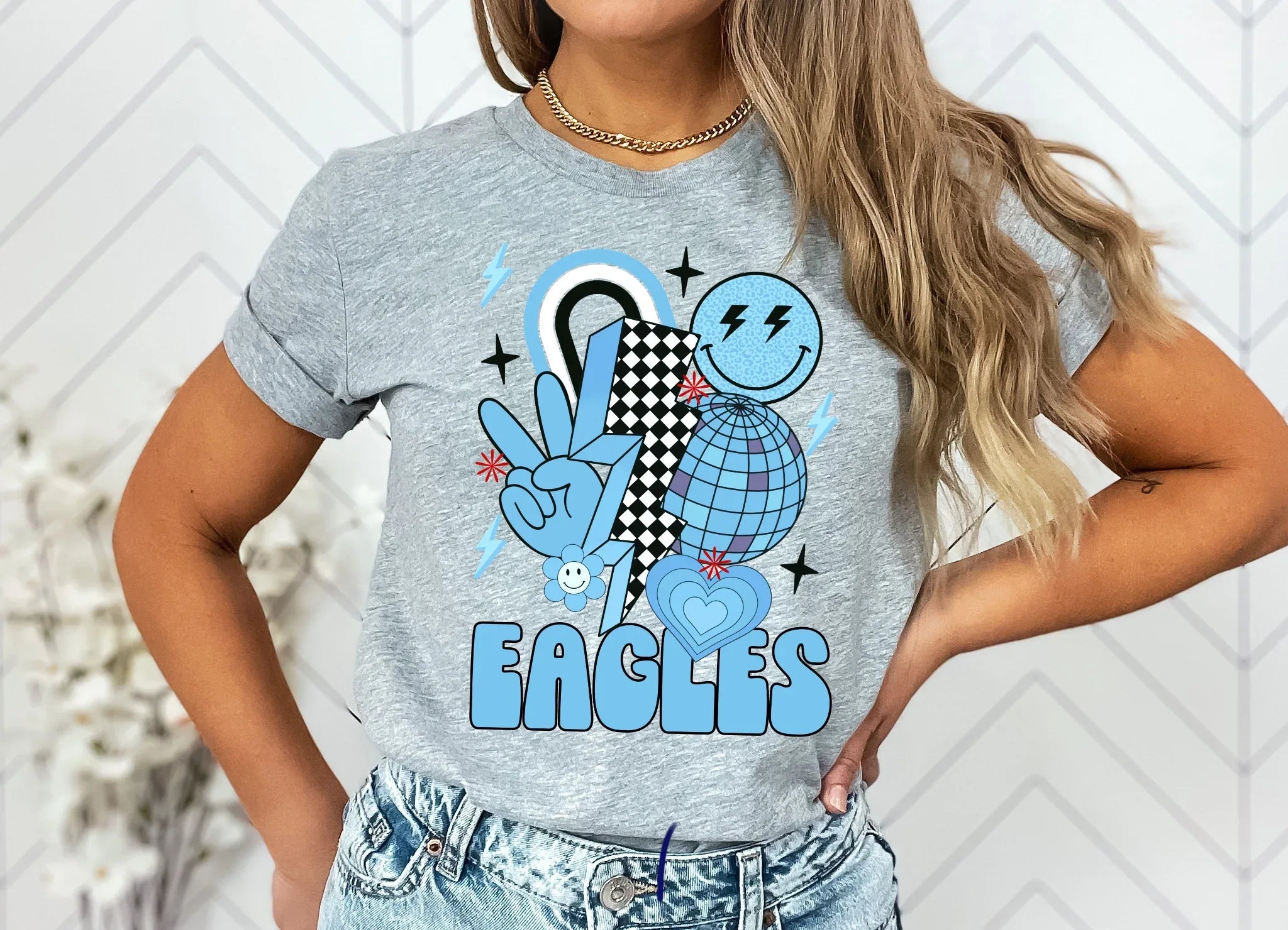 Eagles Carolina Blue with SMALL red accents Groovy DTF Transfer - Merch Girls