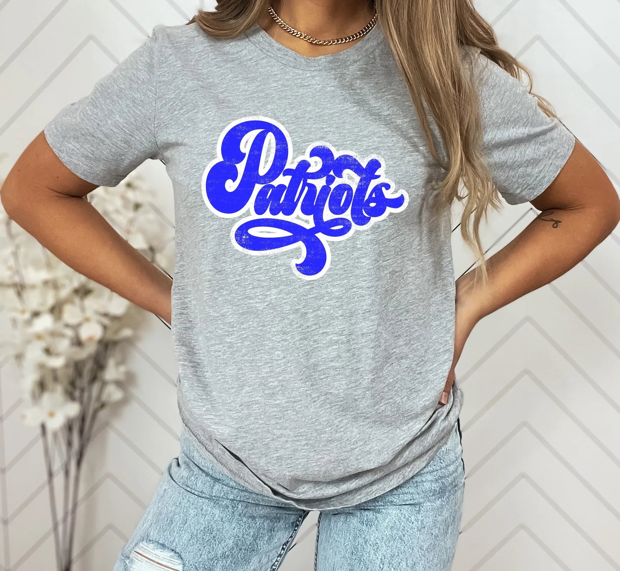 Patriots Blue/White Vintage Retro Shadow Distressed DTF Transfer - Merch Girls