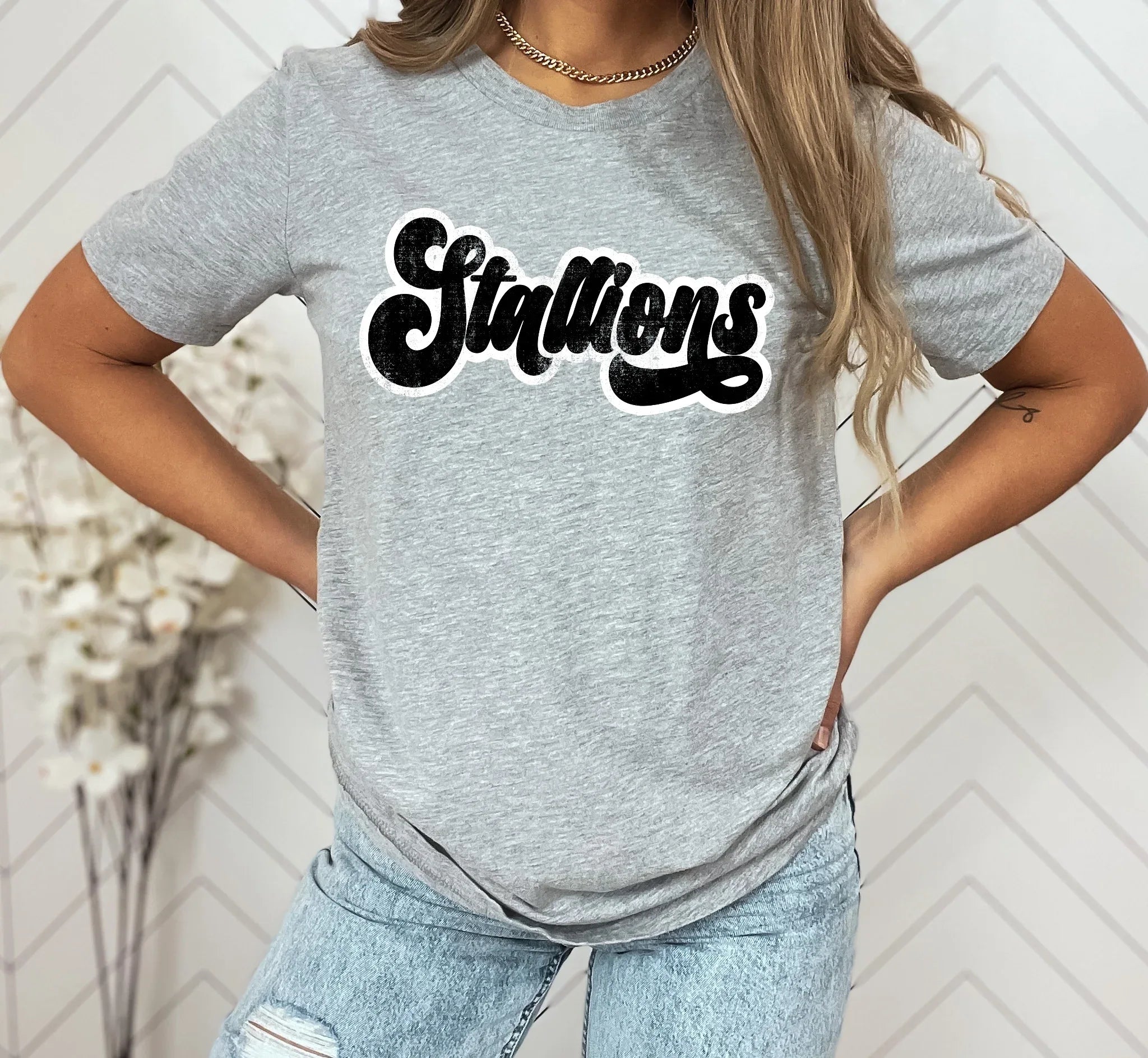 Stallions Vintage Black & White Retro Shadow Distressed DTF Transfer - Merch Girls