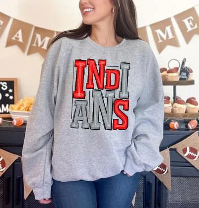 Indians Red and Silver Sporty Varsity Doodle DTF Transfer - Merch Girls
