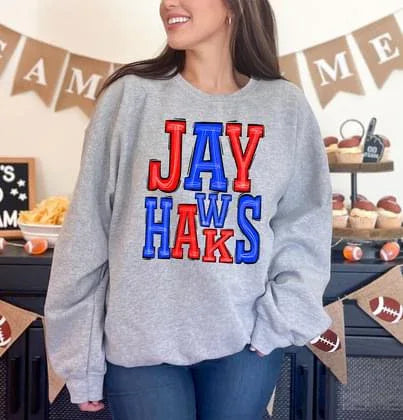 Jayhawks Royal Blue and Red Sporty Varsity Doodle DTF Transfer - Merch Girls