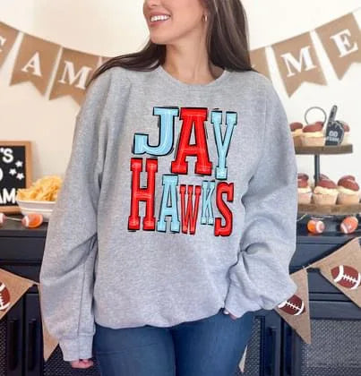 Jayhawks Light Blue and Red Sporty Varsity Doodle DTF Transfer - Merch Girls