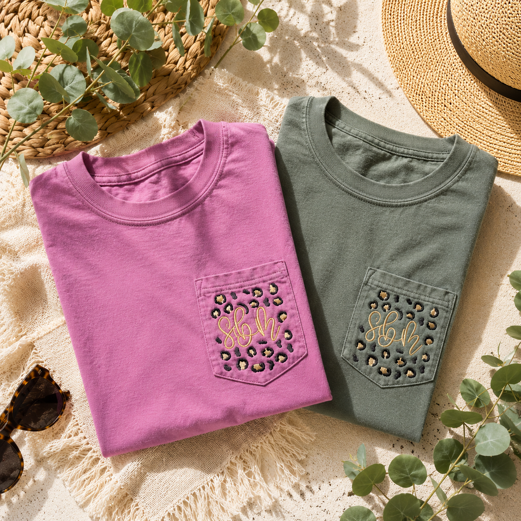 Embroidered Leopard Print Monogram Pocket Tee