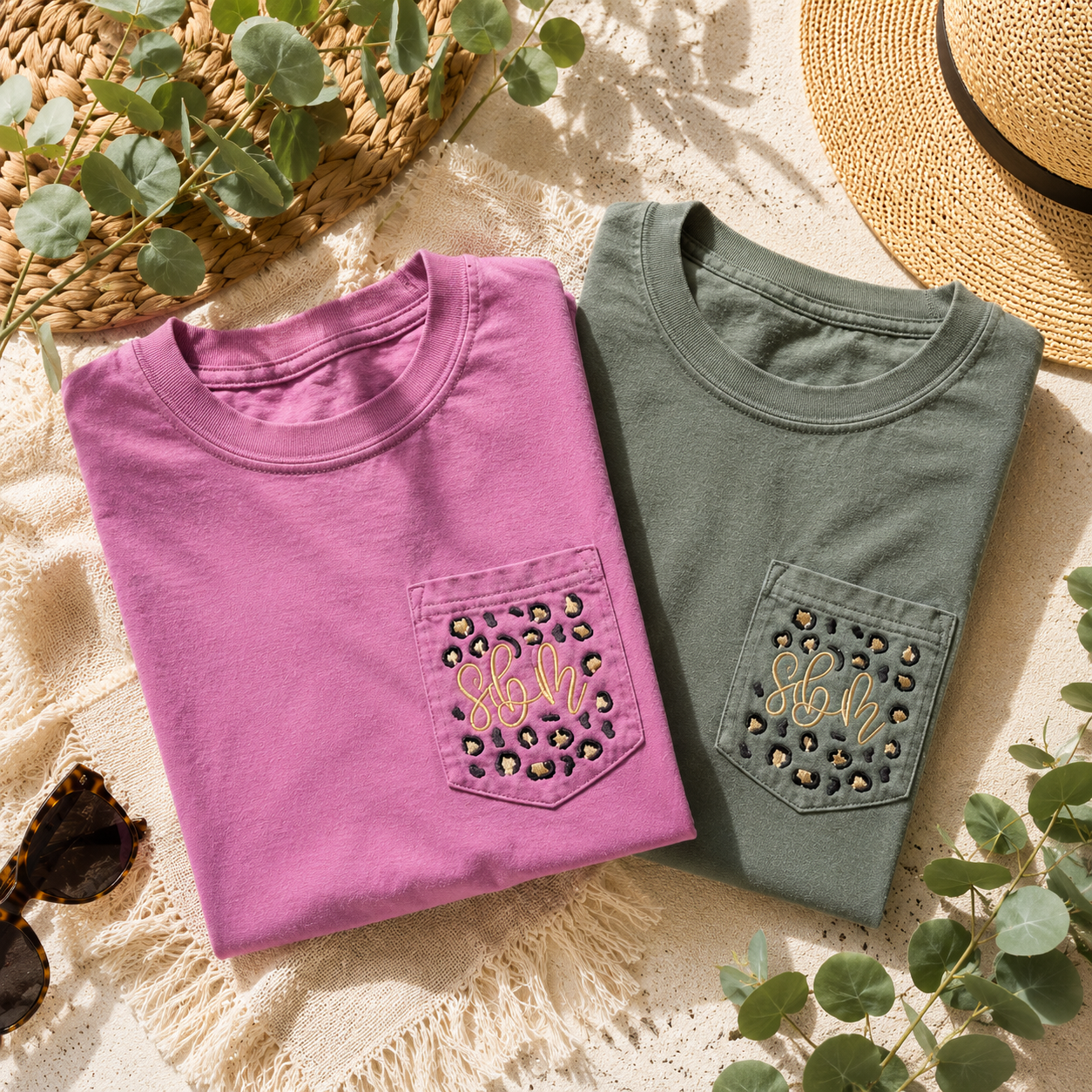 Embroidered Leopard Print Monogram Pocket Tee