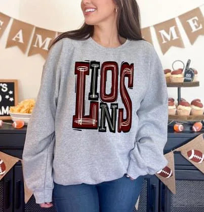 Lions Burgundy and Black Sporty Varsity Doodle DTF Transfer - Merch Girls