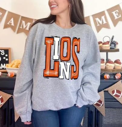 Lions Orange and White Sporty Varsity Doodle DTF Transfer - Merch Girls