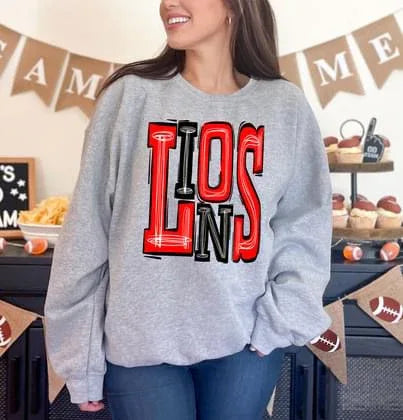 Lions Red and Black Sporty Varsity Doodle DTF Transfer - Merch Girls