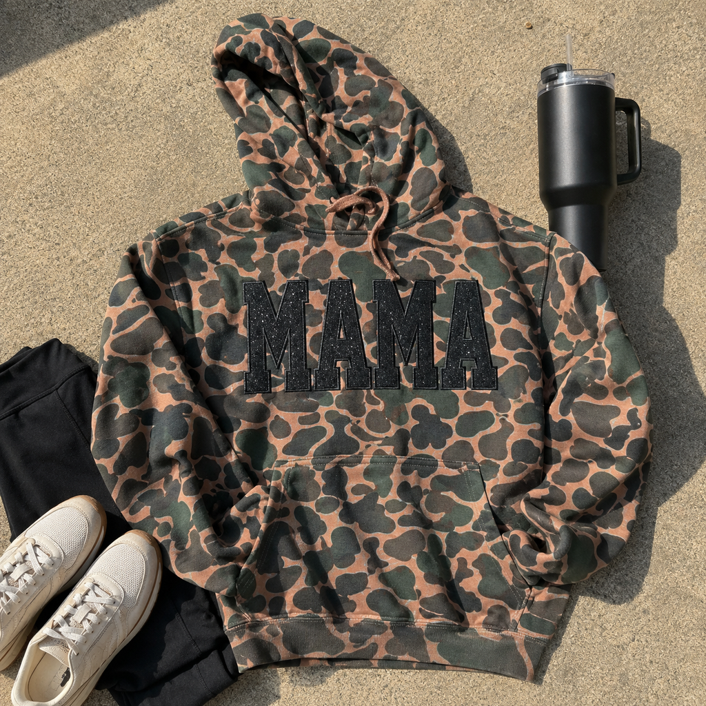 Duck, Duck, Glitter | Custom Camo Varsity Text Glitter Appliqué Hoodie
